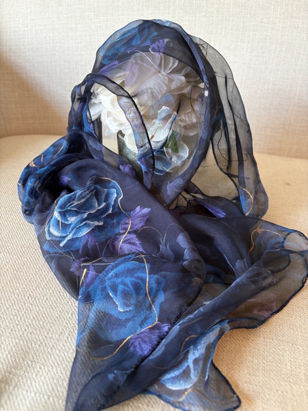 Elegant Navy Blue Floral Sheer Scarf